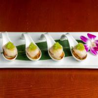Scallops and Uni Plate · 4 pieces. Hokkaido scallops, uni (sea urchin), shiso, yuzu juice, white truffle vinaigrette,...