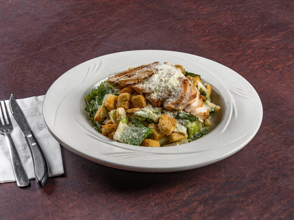 Caesar Salad · Chopped romaine, Parmesan cheese, croutons, and Caesar dressing. Add chicken for an additional charge.