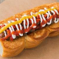 DOWNTOWN · smoked bacon wrapped dog, caramelized onions, pickled peppers, mayo, mustard, ketchup