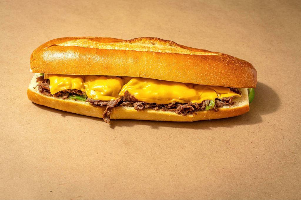 Philly Cheese Steak Sandwich · 8 oz. beef (halal) with fresh chopped peppers and onions topped with american cheese, served on a fresh hero with mayo.