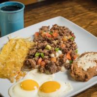 Steak Ranchero Breakfast · Strips of steak combined with peppers, onions, tomato and 2 eggs. Served with hash-browns an...