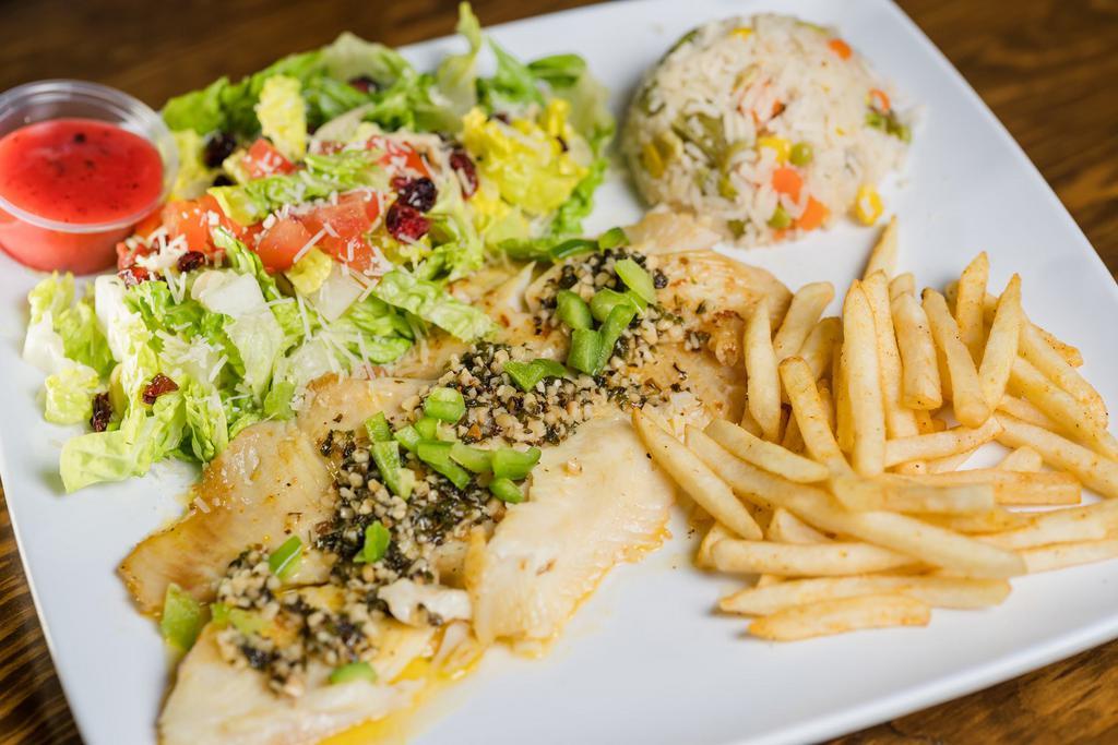 Pescado Fish · Tilapia fillets served with white rice, salad and baked potato.