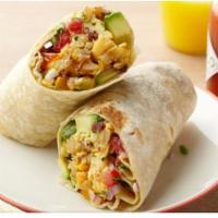 Our Signature Breakfast Burrito · Bacon, egg, cheese, avocado and hot sauce in a plain wrap.
