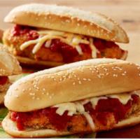 Chicken Parmigiana on  Hero bread · Fire grilled marinated with herbs - Chicken cutlets, tomato sauce, American cheese or Pepper...