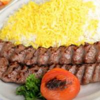 Kubideh Kabob · 2 skewers. Fresh ground beef marinated in our seasoning, grilled on skewers over fire grill....