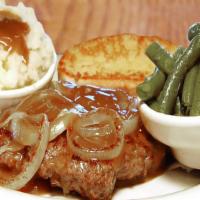 Hamburger Steak Plate · Comes with two sides and choice of bread (serves 1 Person)