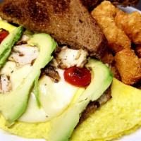 Chicken Veggie Omelette · Oven roasted chicken breast, cherry tomatoes, spinach, avocado, Swiss cheese, with side of w...