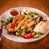 Original Chicken Salad · Grilled or crispy chicken, spring mix lettuce, Roma tomato, mozzarella, cheddar and croutons.