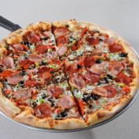 Sam and Louie's Best Pizza · Italian sausage, pepperoni, Canadian bacon, black olive, red onion, mushroom, green and red ...