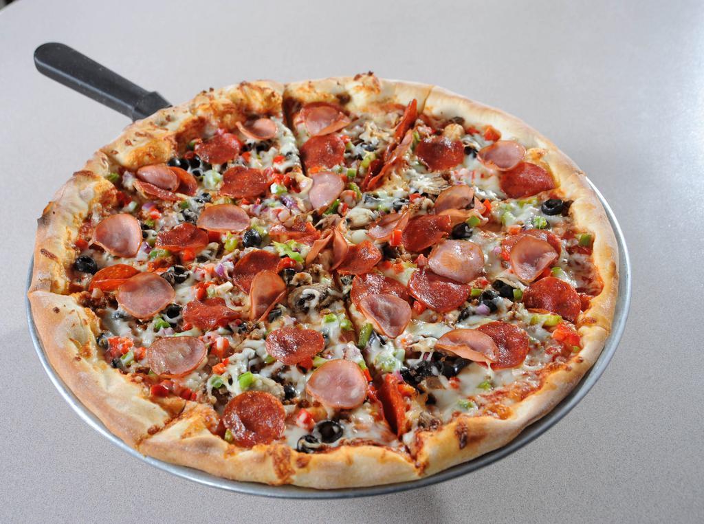 Sam and Louie's Best Pizza · Italian sausage, pepperoni, Canadian bacon, black olive, red onion, mushroom, green and red pepper and mozzarella.