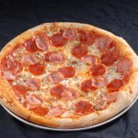 Carnivore Pizza · Beef, Italian sausage, pepperoni, Canadian bacon and mozzarella.