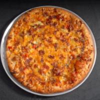 BBQ Chicken Pizza · BBQ sauce, bacon, cheddar, grilled chicken, red bell pepper and mozzarella.
