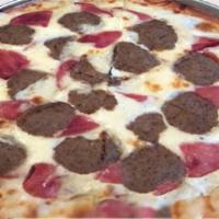 Manhattan Pizza · Alfredo, sliced meatball, Canadian bacon and mozzarella.