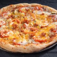 Bacon Cheeseburger Pizza · Beef, bacon, cheddar, Roma tomato and pickle.