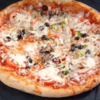 Veggie Pizza · Roma tomato, mushroom, broccoli, red onion, black olive, red bell pepper and mozzarella.