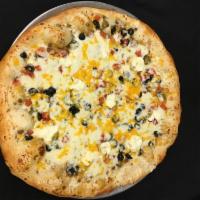 Nacho Pizza · Cheese sauce, beef, diced Roma tomato, jalapeno, black olive, cream cheese, cheddar and mozz...