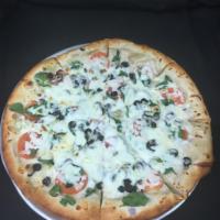 Garden Pizza · Alfredo, spinach, red onion, black olive, artichoke heart, Roma tomato and mozzarella.