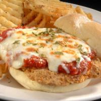 Chicken Parmesan Sandwich · Crispy or grilled chicken, marinara, mozzarella and Parmesan. Served with choice of side: wa...