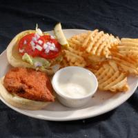 Buffalo Chicken Sandwich · Crispy or grilled chicken, Buffalo sauce and ranch or blue cheese dipping sauce. Served with...