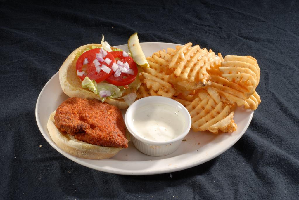 Buffalo Chicken Sandwich · Crispy or grilled chicken, Buffalo sauce and ranch or blue cheese dipping sauce. Served with choice of side: waffle fries, onion rings, steamed broccoli, house salad or Caesar salad.