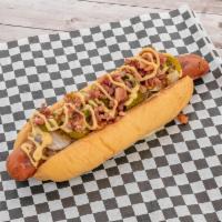 Big Dog · One foot long hot dog topped with bacon, caramelized onions, jalapenos, pickles, honey musta...
