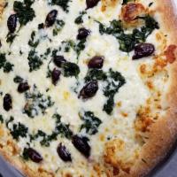 Charlotte's White Pizza · Feta, spinach and Kalamata olives.