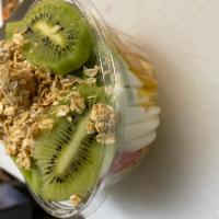 Fruit Bowl · Fruit salad, topped with nonfat yogurt, granola and honey.