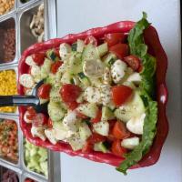 Mozzarella & tomato salad  · Cherry tomato, fresh mozzarella, cucumber, dressed with olive oil and oregano