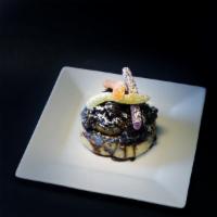 macrocosm · brownie (not gluten-free), caramel, gummy worms, chocolate sauce. 

*If we are out of gluten...