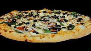 Greek Pizza · Fresh baby spinach, sliced tomatoes, garlic, olives, onions, feta cheese and oregano on an o...