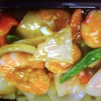 102. Curry Shrimp with Onion · Hot and spicy.