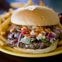 Urban Bubba Burger · 8oz Chuck/Brisket blend beef patty with grill onions, jalapeños, Gorgonzola cheese, chipotle...