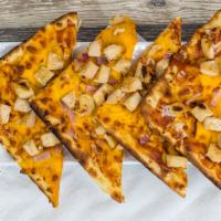 BBQ Chicken Flatbread · Chicken, fat free BBQ sauce, reduced fat cheddar and red onion.