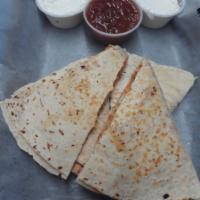Quesadillas · Chicken, cheddar cheese, pepper jack cheese, with sour cream and salsa.