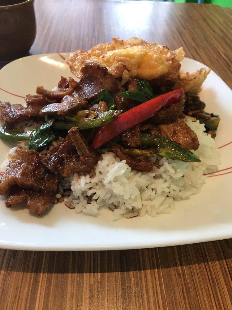 Kaprow Moo Grob · Sautéed crispy pork basil and chili sauce over white rice.