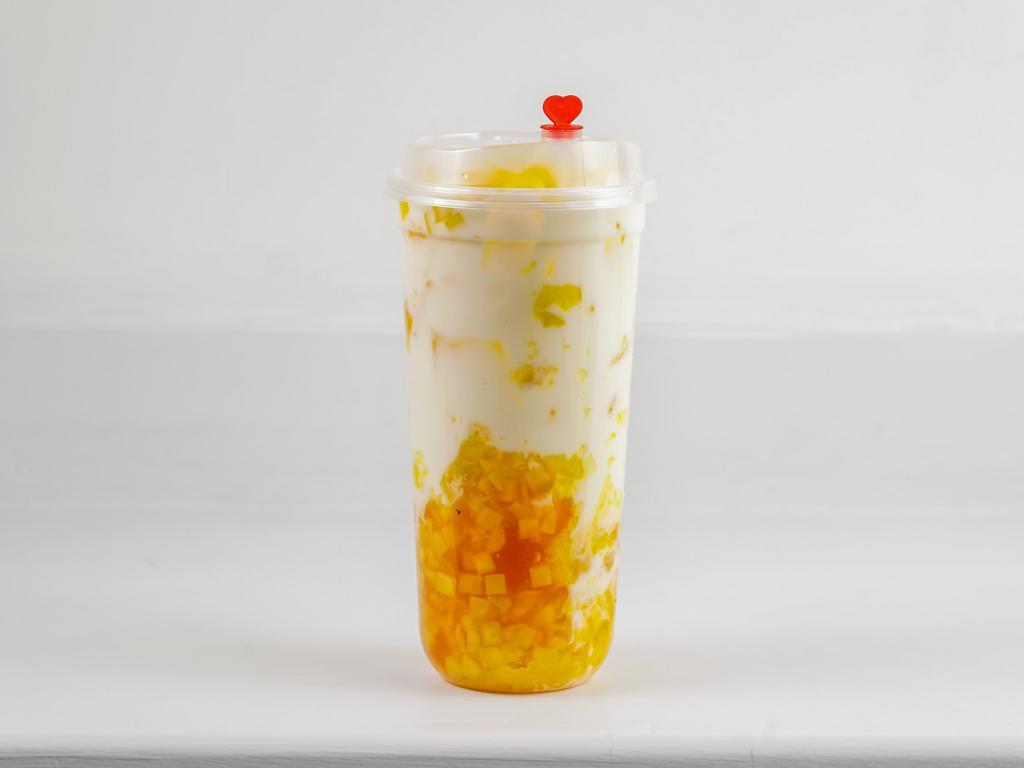 Mango Bubble Milk · Made With Fresh Mango,Mango Jam，Fresh Milk And white Bubble.