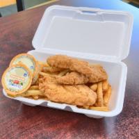 Chicken Fingers and Fries · 3 chicken fingers with fries.