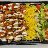 1. Chicken over Spicy Rice · Chopped grilled chicken over spicy rice, side of salad ( Lettuce, Onions,  tomatoes, cucumbe...