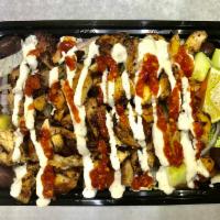 Chicken Over Salad  · Chopped grilled  Chicken over salad ( cucumbers , Lettuce, sliced onions, diced tomatoes,  p...
