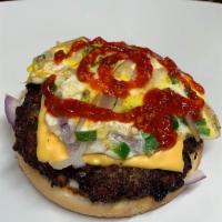 Egg Chapli Kebab Burger ( Spicy) ·  One Patty ( beef patty made of seasoned onions, tomatoes, green chilies, eggs, spices, and ...
