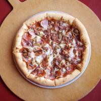 Meateater Pizza · Smoked ham, pepperoni, bacon and Italian sausage with mozzarella and smoked provolone cheese.