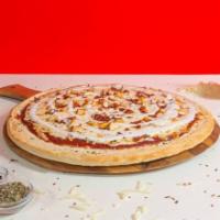 Forbes Pizza · Red pie, pepperoni, mozzarella, fontina, grana pando, and fresh basil.