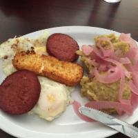 Dominican Breakfast Platter · Mangu (mushed Green Plantain), salami, eggs, fried cheese 