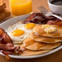 Hungry Man · Bacon, sausage, eggs, and pancakes or French toasts.
