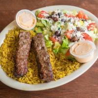 Kafta Kebab Platter · 2 flame grilled skewers with ground lamb-beef mixed with spices, finely chopped onions and p...
