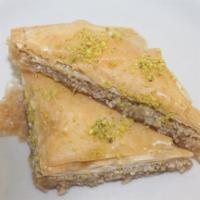 Baklava · Sweet Mediterranean dessert made from phyllo dough, syrup and pistachios.