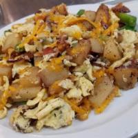 Breakfast Bowl · Scrambled or over hard eggs, cheese, sausage, bacon, potatoes mixed together.