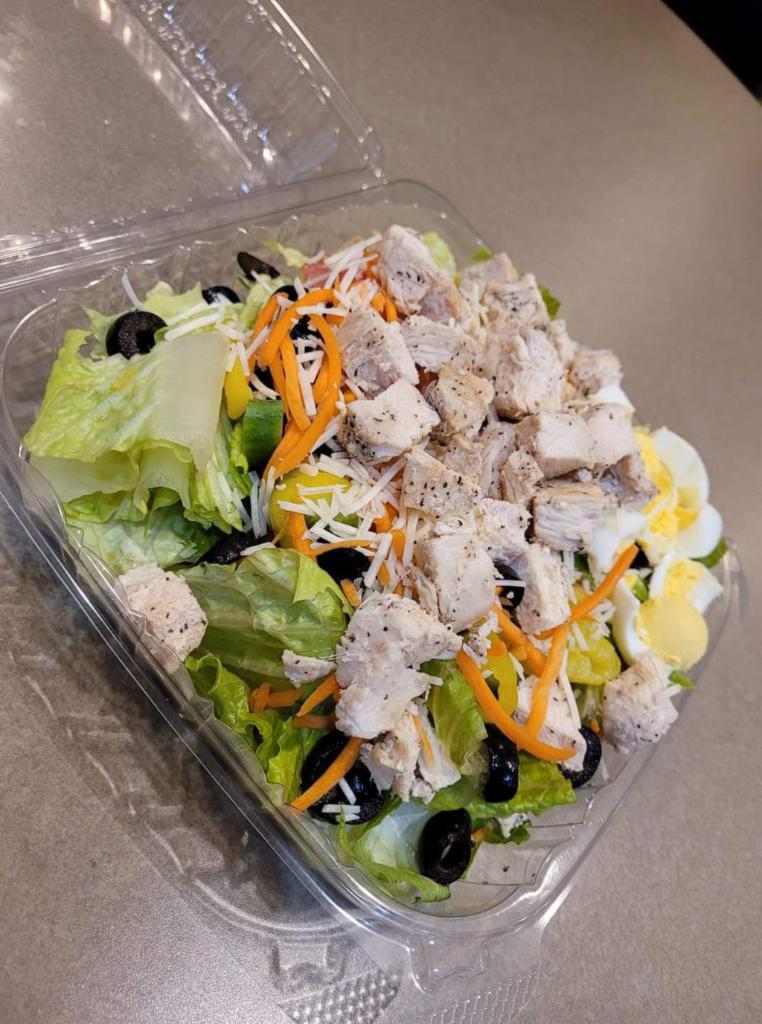 Create Your Own Salad  · Romaine lettuce or Spinach,  Includes 1 meat choice of grilled chicken, ham, turkey, tuna, pepperoni or salami. Shredded cheese or Parmesan cheese, croutons and your choice of dressing. Add extra dressing packet for an additional charge.