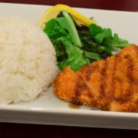 Chicken Katsu · Panko breaded chicken with rice, served with salad. No nori or takuan.
