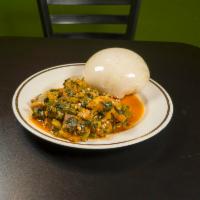 Okro Soup with Assorted Meat and pounded Yam  · 